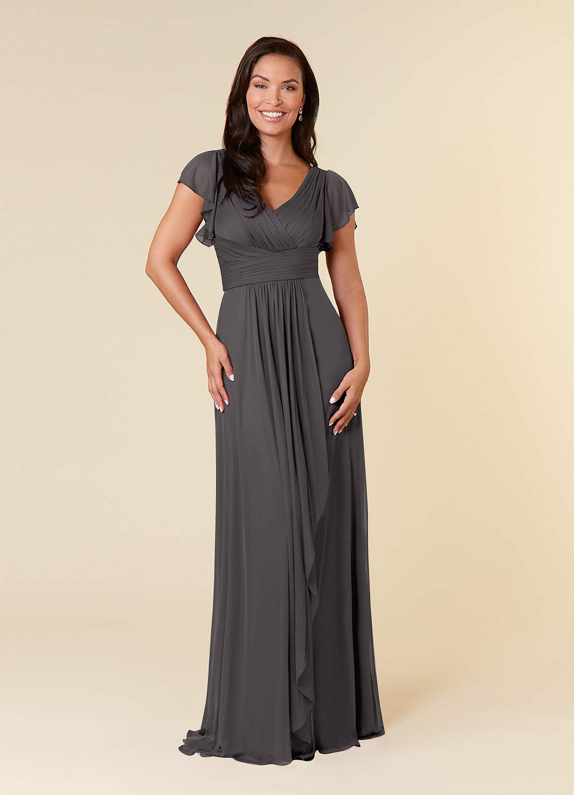 Azazie Reneya Kleider für die Brautmutter A-Linie Plissee Gittergewebe Kleid Stahlgrau image1