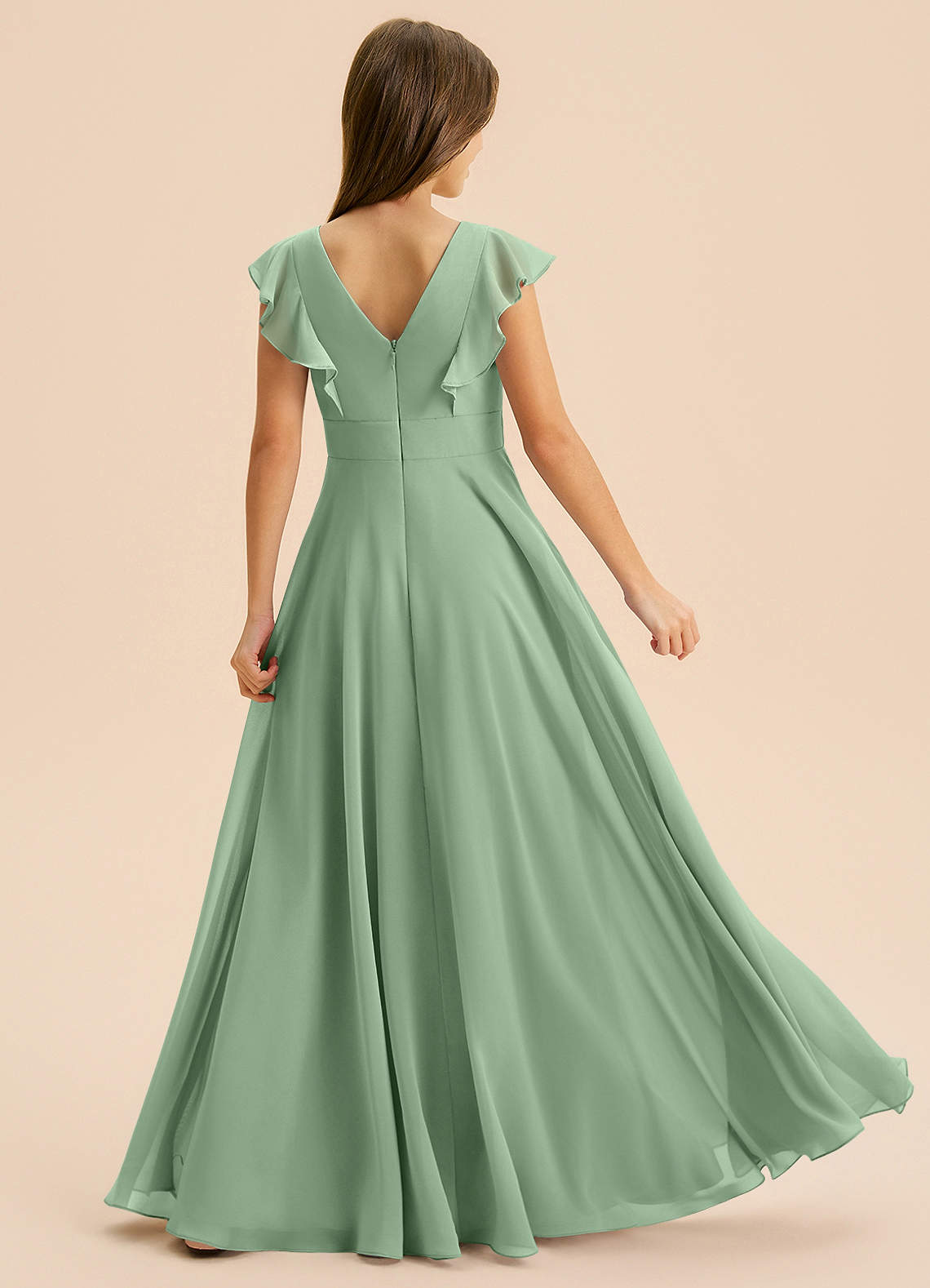 Azazie Anysa Junior Robe Trapèze en Mousseline de soie Rayé Matcha image1