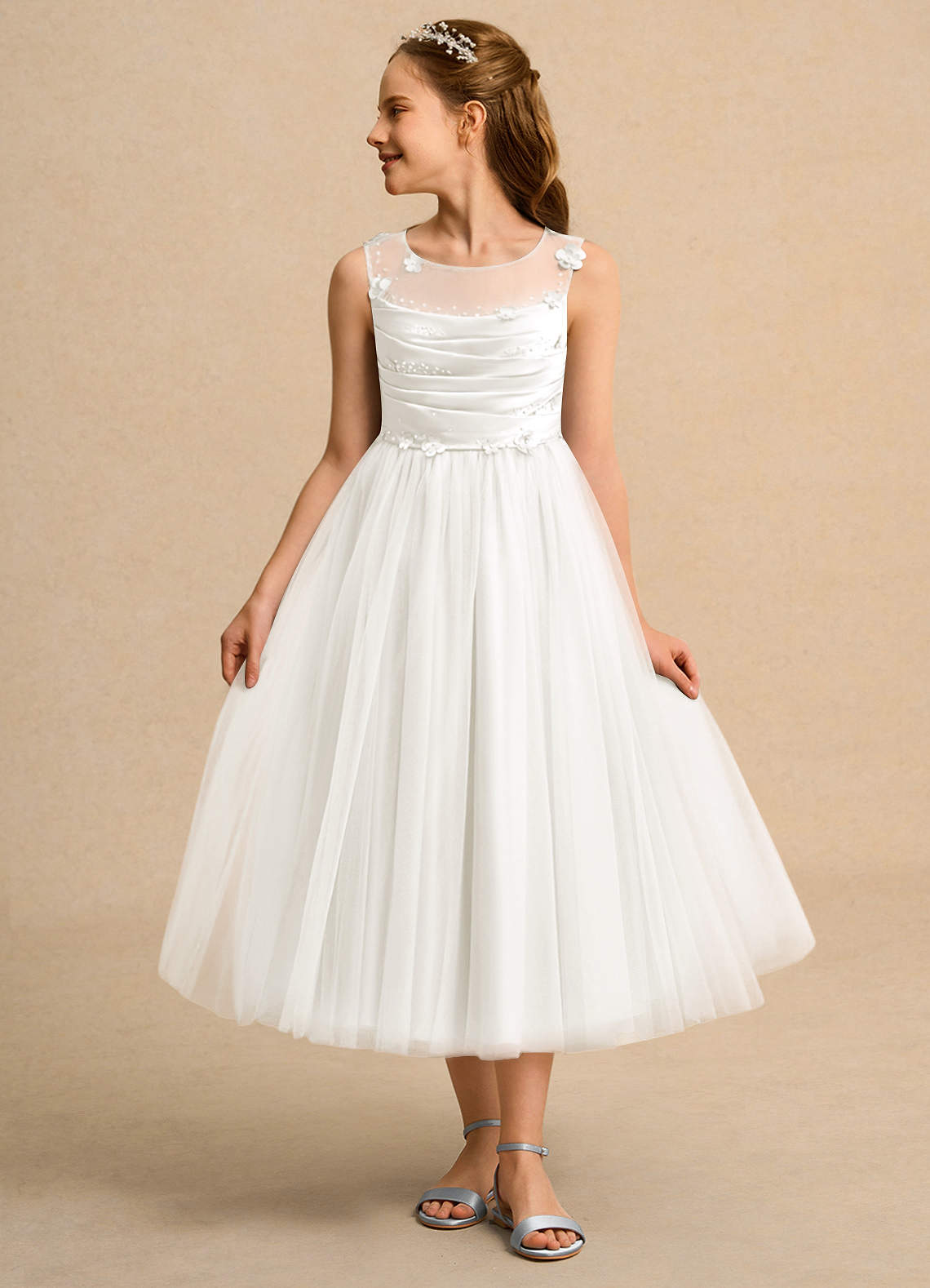 Azazie Snowball Girl Jurken voor bloemenmeisjes Baljurk Jurk van Tule Geplooid Ivoor image1