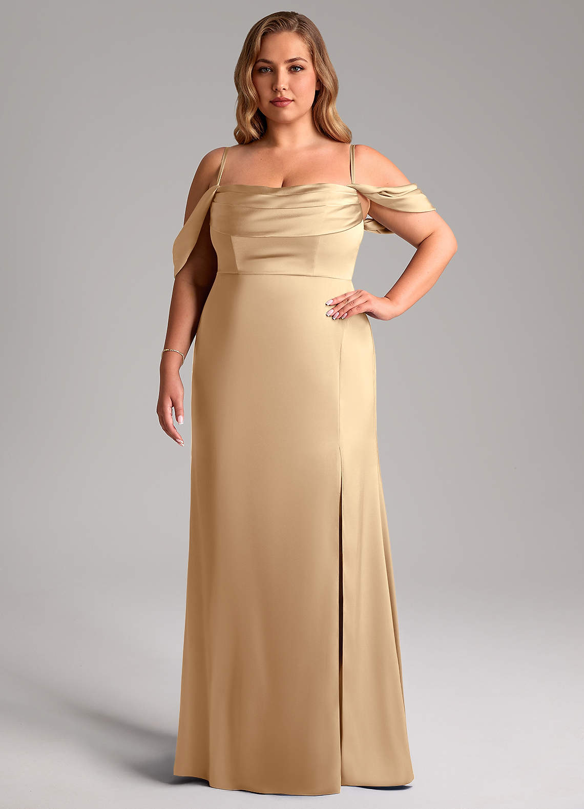 Azazie Saige Bridesmaid Dresses Champagne Sheath Off the Shoulder Stretch Satin Dress image14