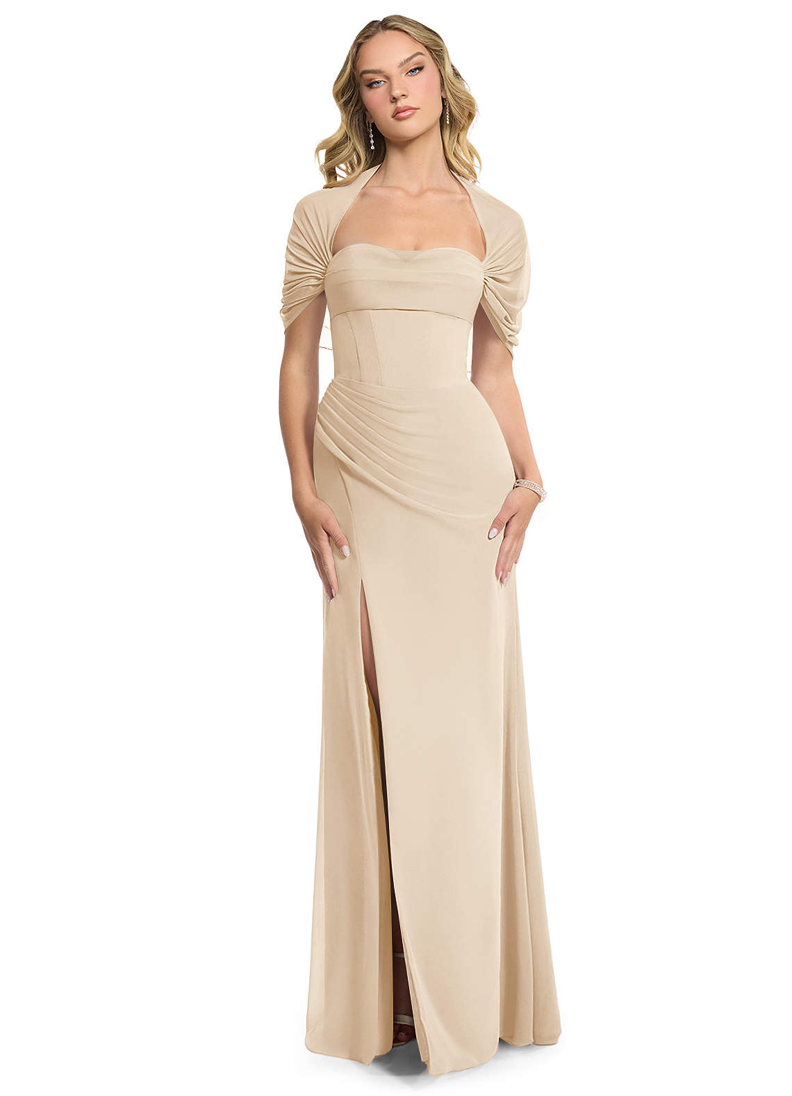 Azazie Zia Vestidos de damas de honor Vestido de Champán de Gasa de Corte Recto Convertible con Corte Lateral image1