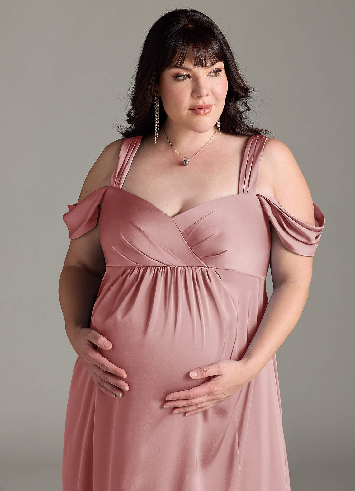 Azazie Rhea Maternity Bridesmaid Dresses A-Line Off-The-Shouler Pleated Stretch Satin Floor-Length Dress image11