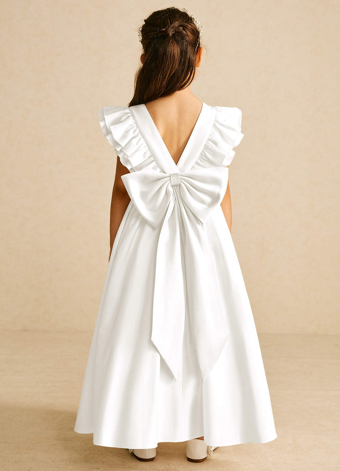 Azazie Piglette Flower Girl Dresses Ivory A-Line Bow Matte Satin Dress image1