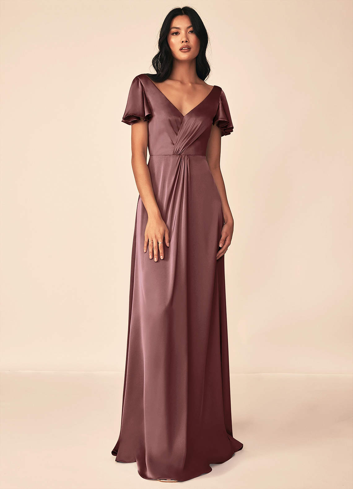 Azazie Soren Bridesmaid Dresses Vintage Mauve A-Line Pleated Stretch Satin Dress image1