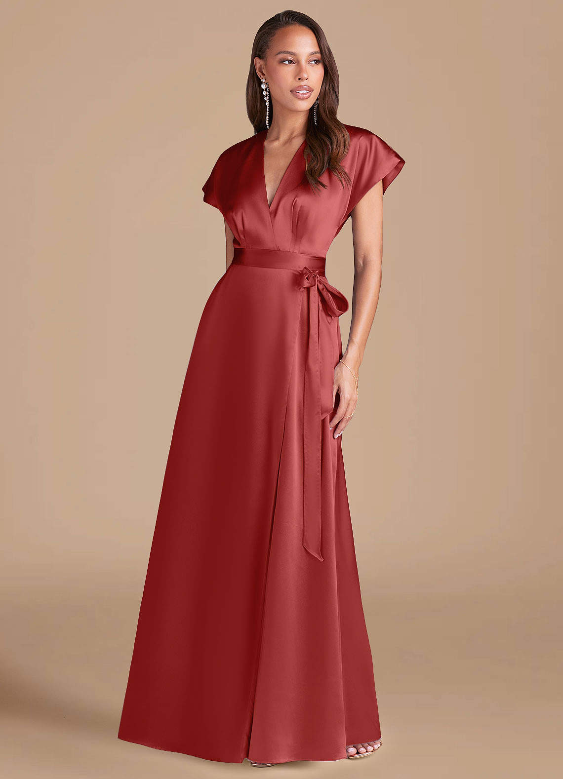Azazie Nico Bridesmaid Dresses Rust A-Line Pleated Metallic Satin Dress image1