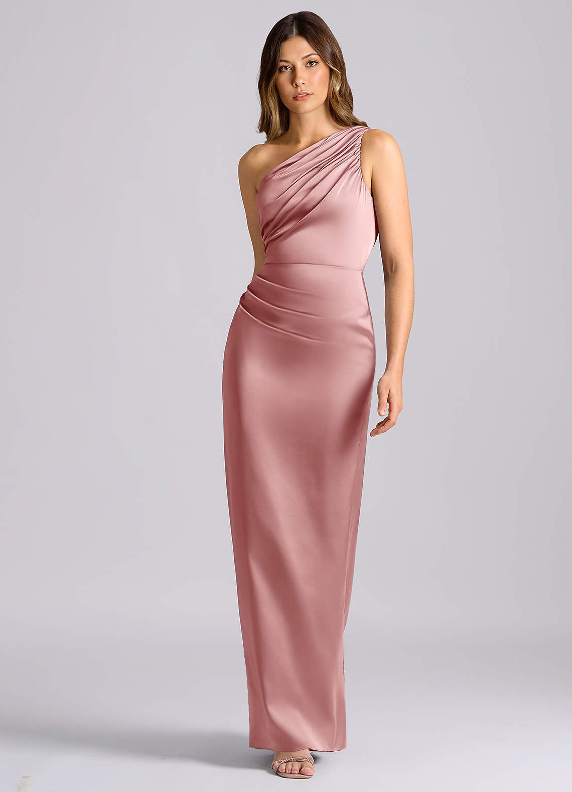 Azazie Akilah Jurken voor bruidsmeisjes Jurk van Stretch Satijn met Zeemeermin One-Shoulder Stoffige Roos image3
