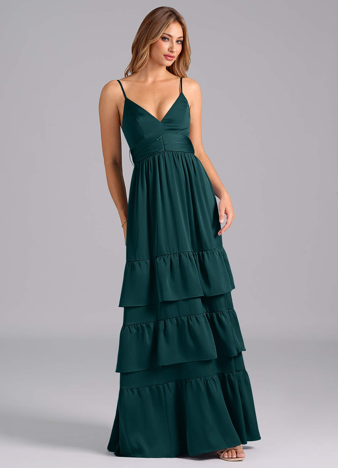 Azazie Nathalia Bridesmaid Dresses Pine A-Line Pleated Stretch Satin Dress image1