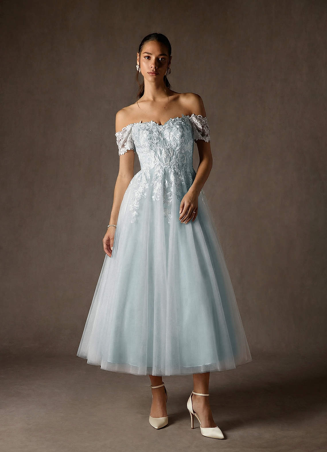 Azazie Rowe Hochzeitskleider A-Linie Schulterfrei Spitze Kleid Wolkig Blau image1
