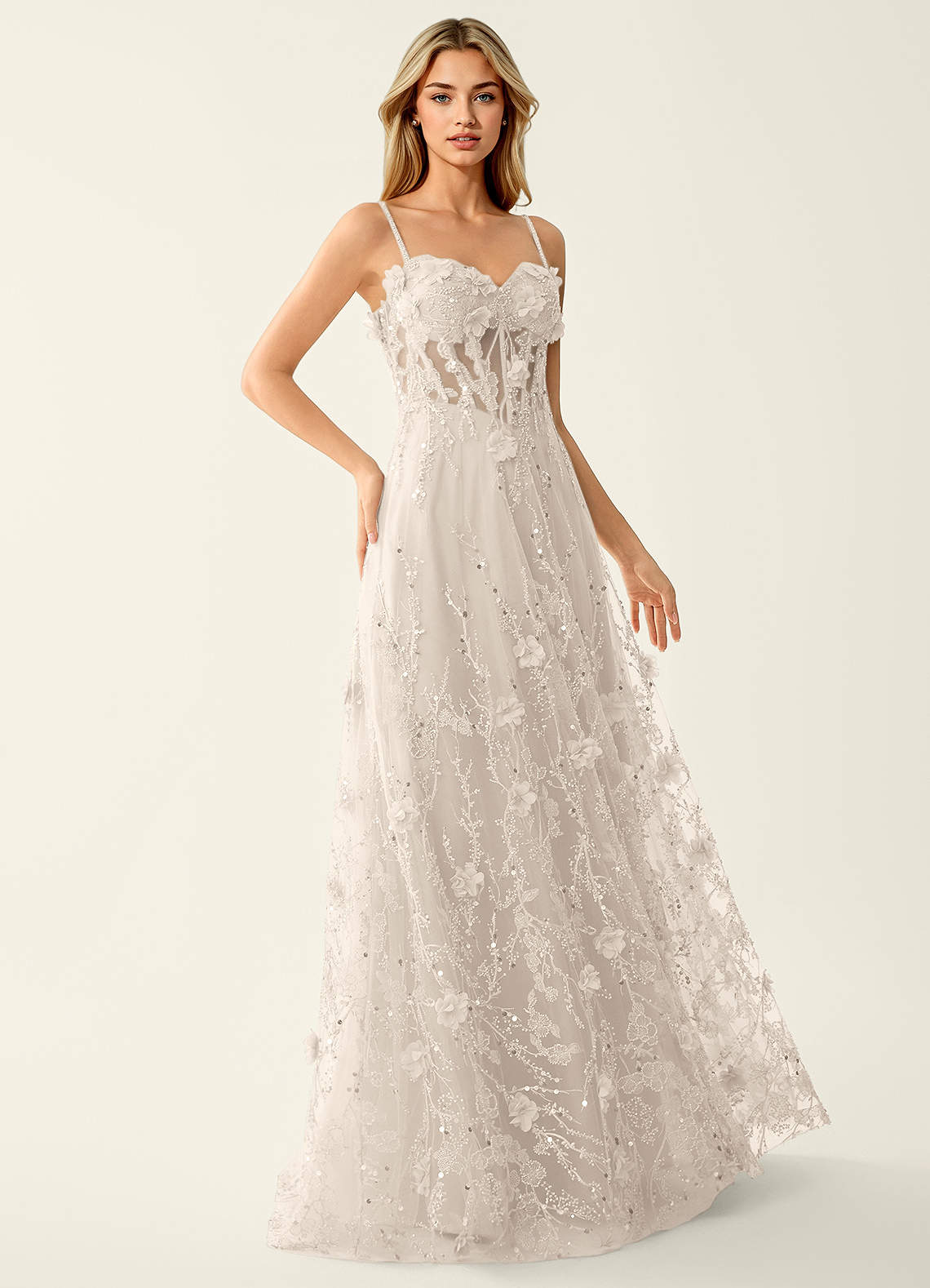 prom dresses cream lace Polka-Dot Long Prom Ball Gown: La Femme 32716 Light Blue / 00