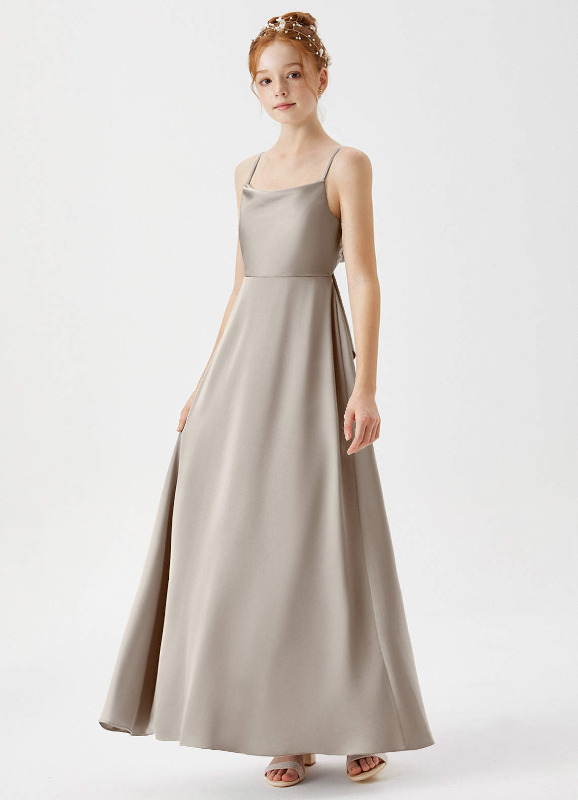 Azazie A-Line/Princess Cowl Neck Floor-Length Stretch Satin Junior Bridesmaid Dresses - Silver