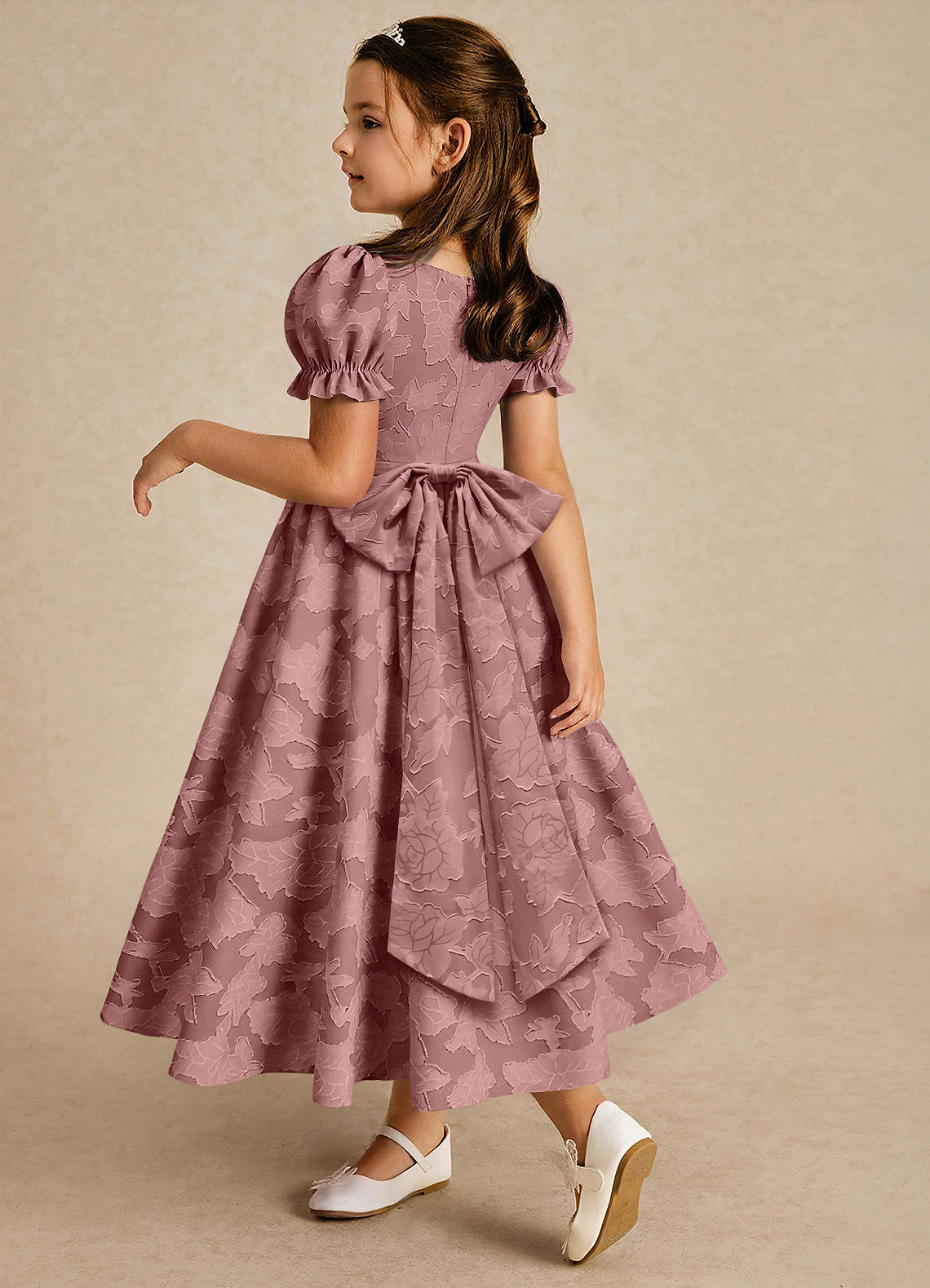 Azazie Joss Flower Girl Dresses Dusty Rose A-Line with Sleeves Floral Burnout Dress image1