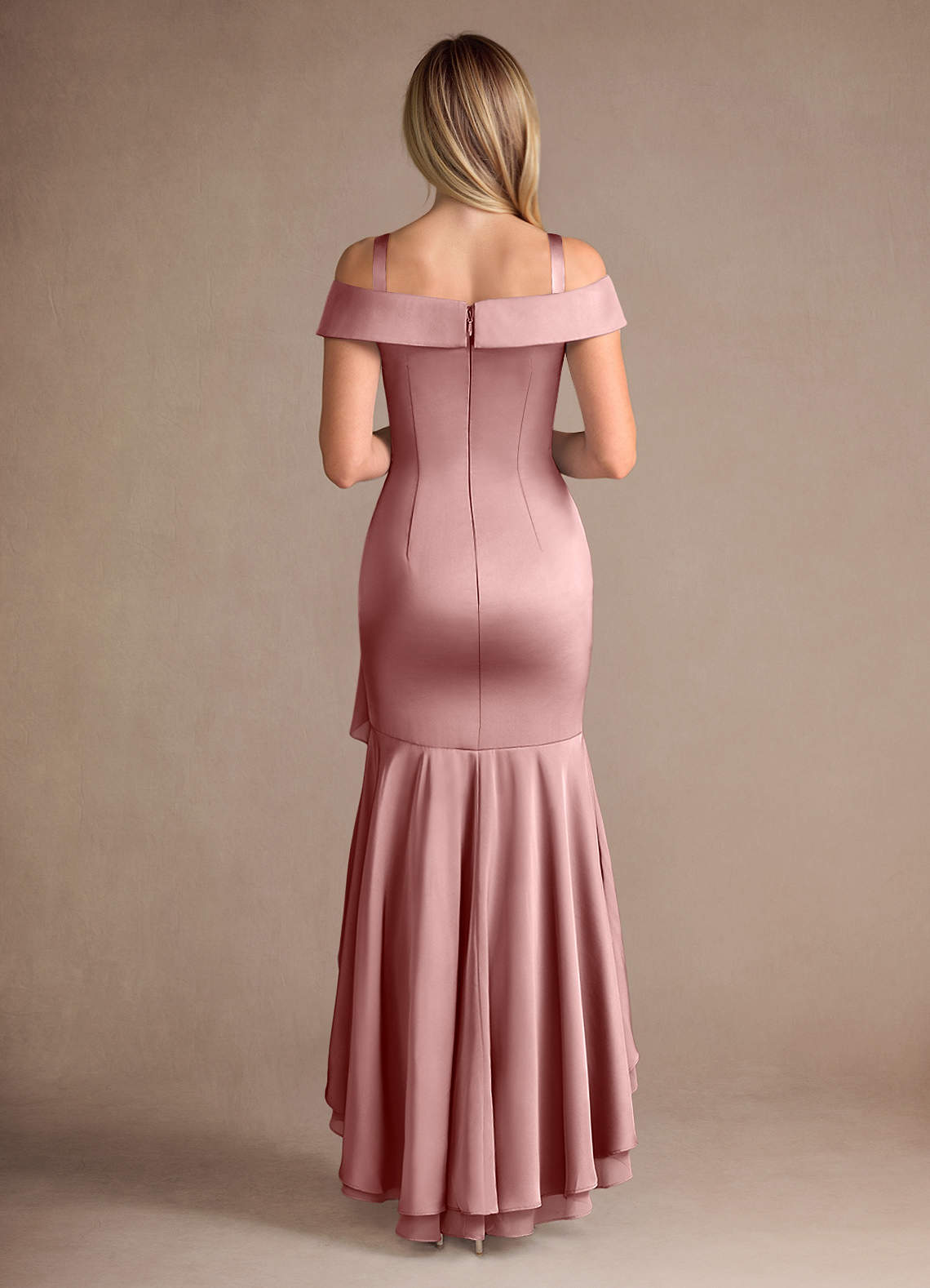 Azazie Billings Mother of the Bride Dresses Dusty Rose Mermaid Off the Shoulder Stretch Satin Dress image7
