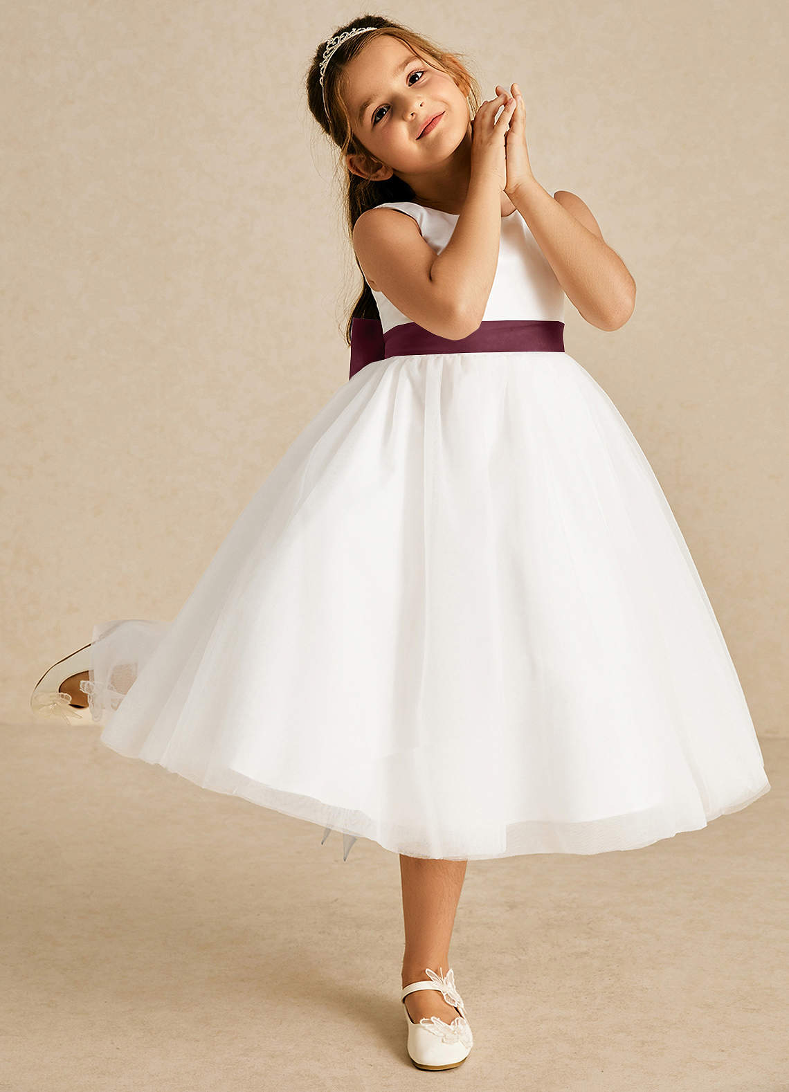 Azazie Kavi Flower Girl Dresses Ivory Cabernet A-Line Bow Matte Satin Dress image4