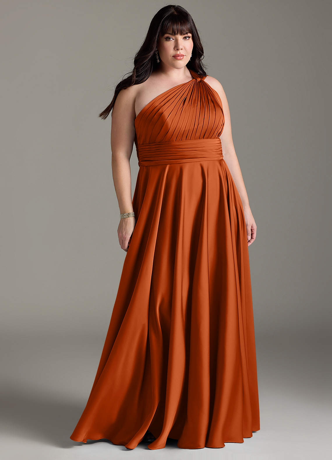 Azazie Charlize Bridesmaid Dresses Burnt Orange A-Line One Shoulder Stretch Satin Dress image1