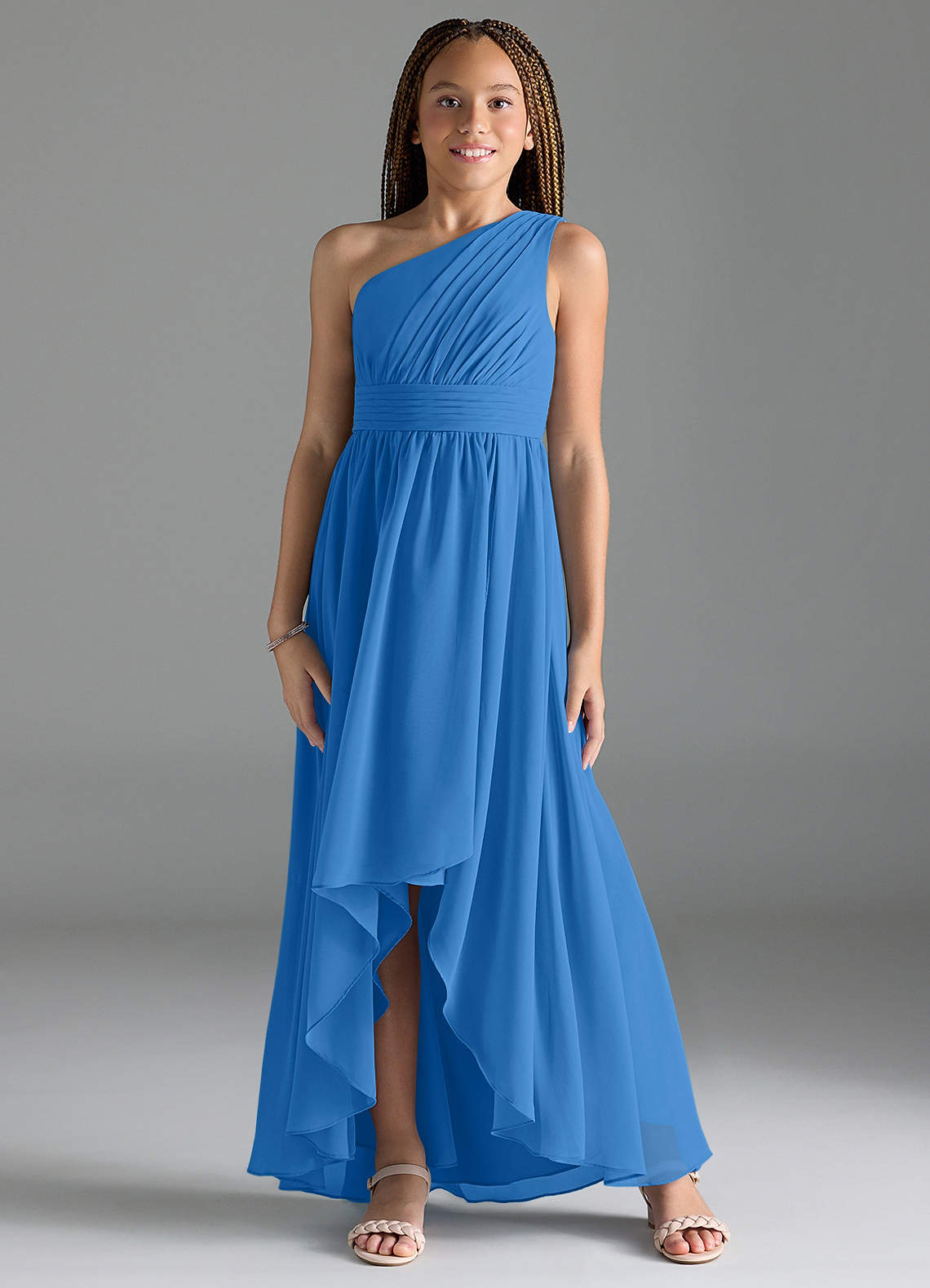 Azazie Mathilda Junior Blue Jay A-Line Pleated Chiffon Dress image1