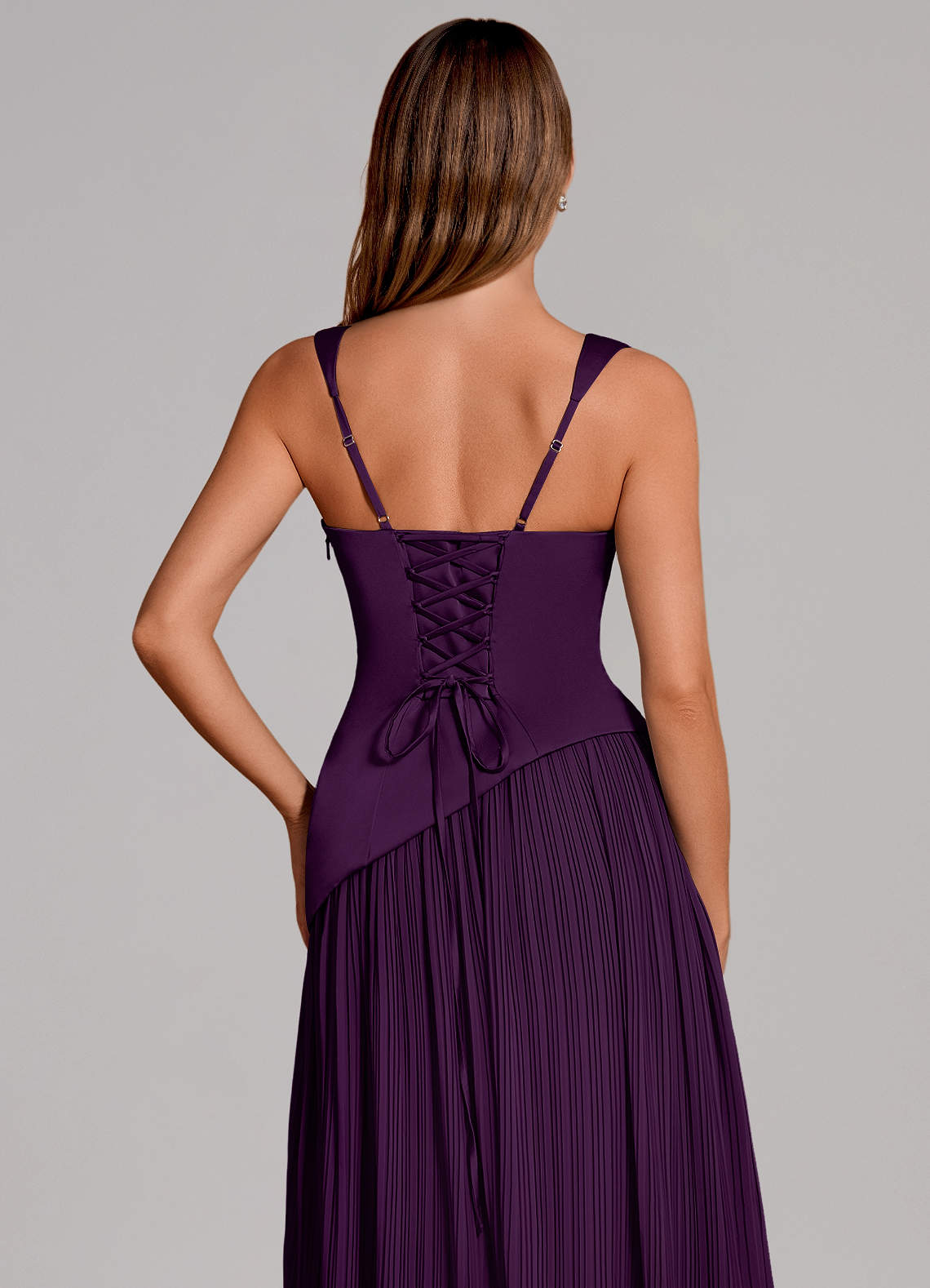 Azazie Stephanie Vestidos de madrinha de casamento Vestido Uva de Cetim elástico de Linha A com Plissado image1