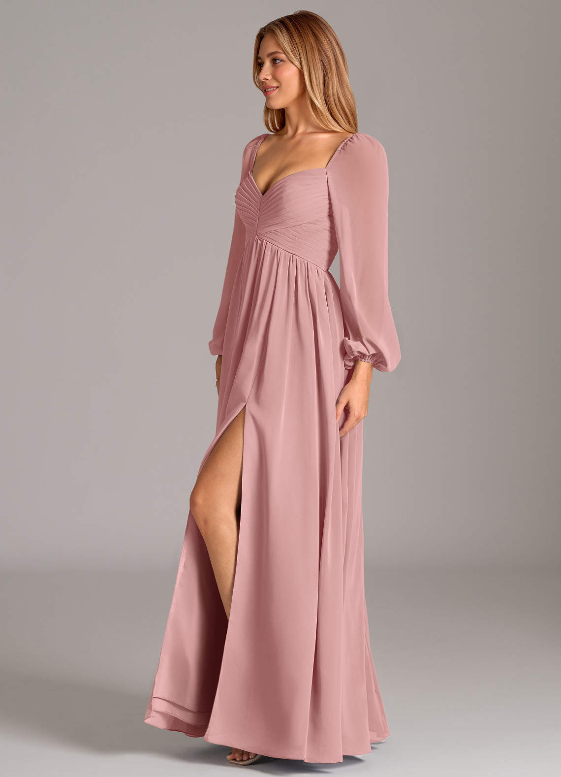 Azazie Bailee At-home Try On Dresses Dusty Rose A-Line Long Sleeve Chiffon Dress image2