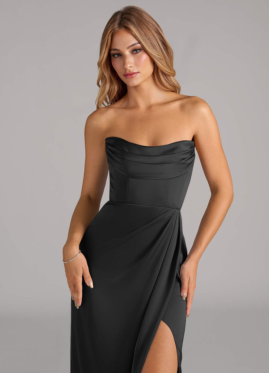 Azazie Johana Bridesmaid Dresses Black Mermaid Off the Shoulder Stretch Satin Convertible Dress image1