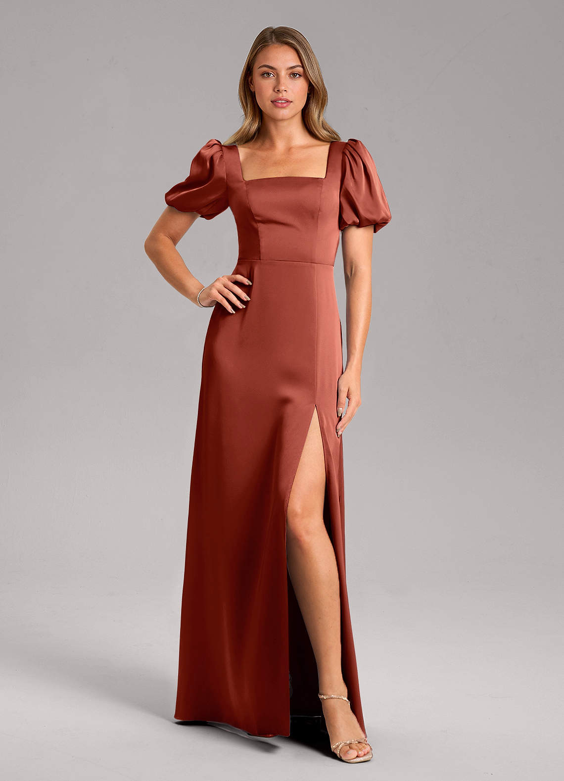 Azazie Fyona Bridesmaid Dresses Terracotta A-Line Pleated Stretch Satin Dress image1