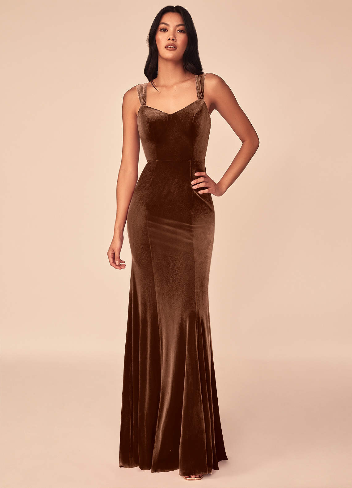 crepe and velvet bridesmaid dress with open back Azazie Lanessa Black velvet