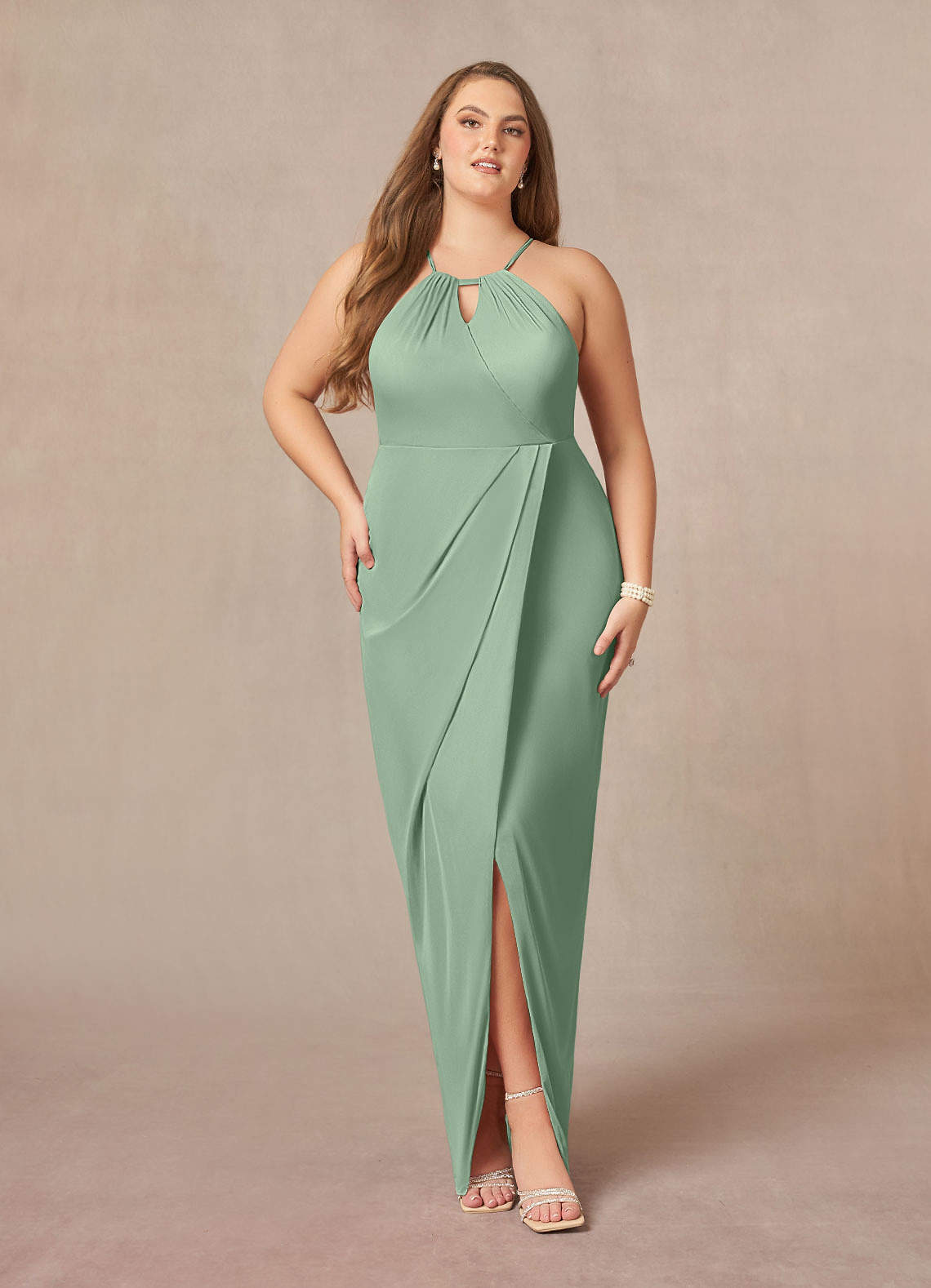 Azazie Hadid Final Sale Dusty Blue Sheath Pleated Mesh Dress image1