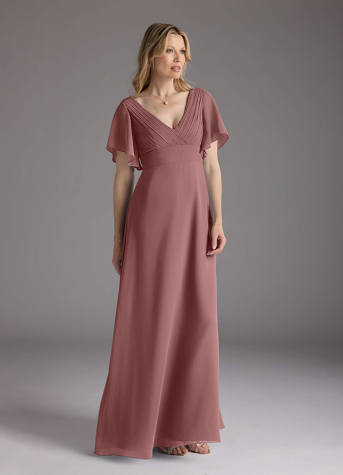 Azazie Alessa Desert Rose A-Line V-Neck Pleated Chiffon Dress