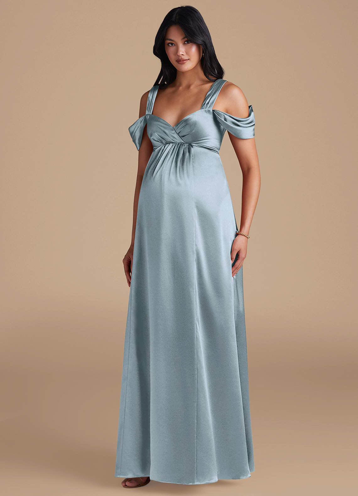Azazie Rhea Maternity Bridesmaid Dresses A-Line Pleated Metallic Satin Floor-Length Dress image1
