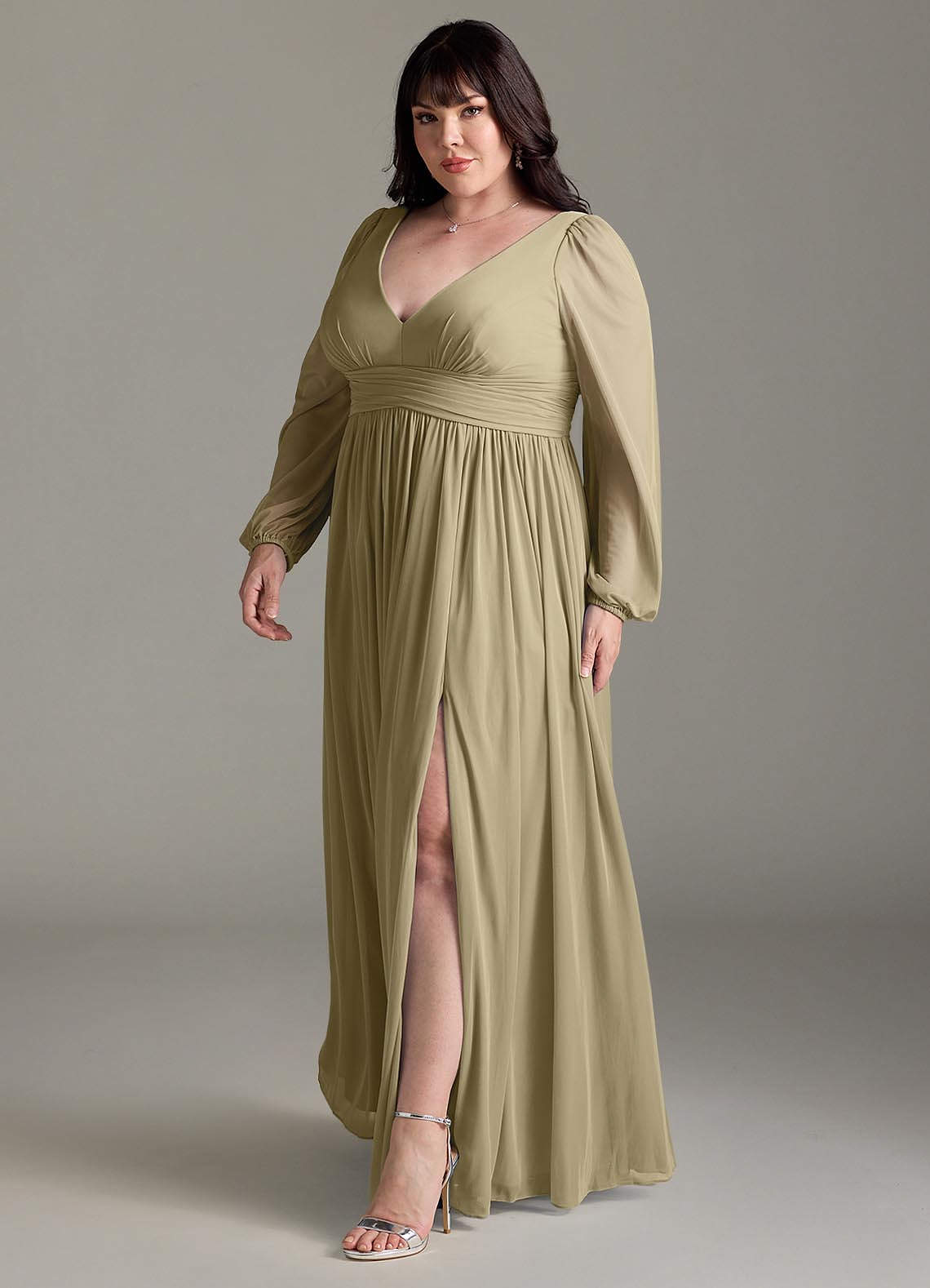 Azazie Norah Vestidos de madrinha de casamento Vestido Musgo Verde de Chiffon de Linha A com Manga comprida image10