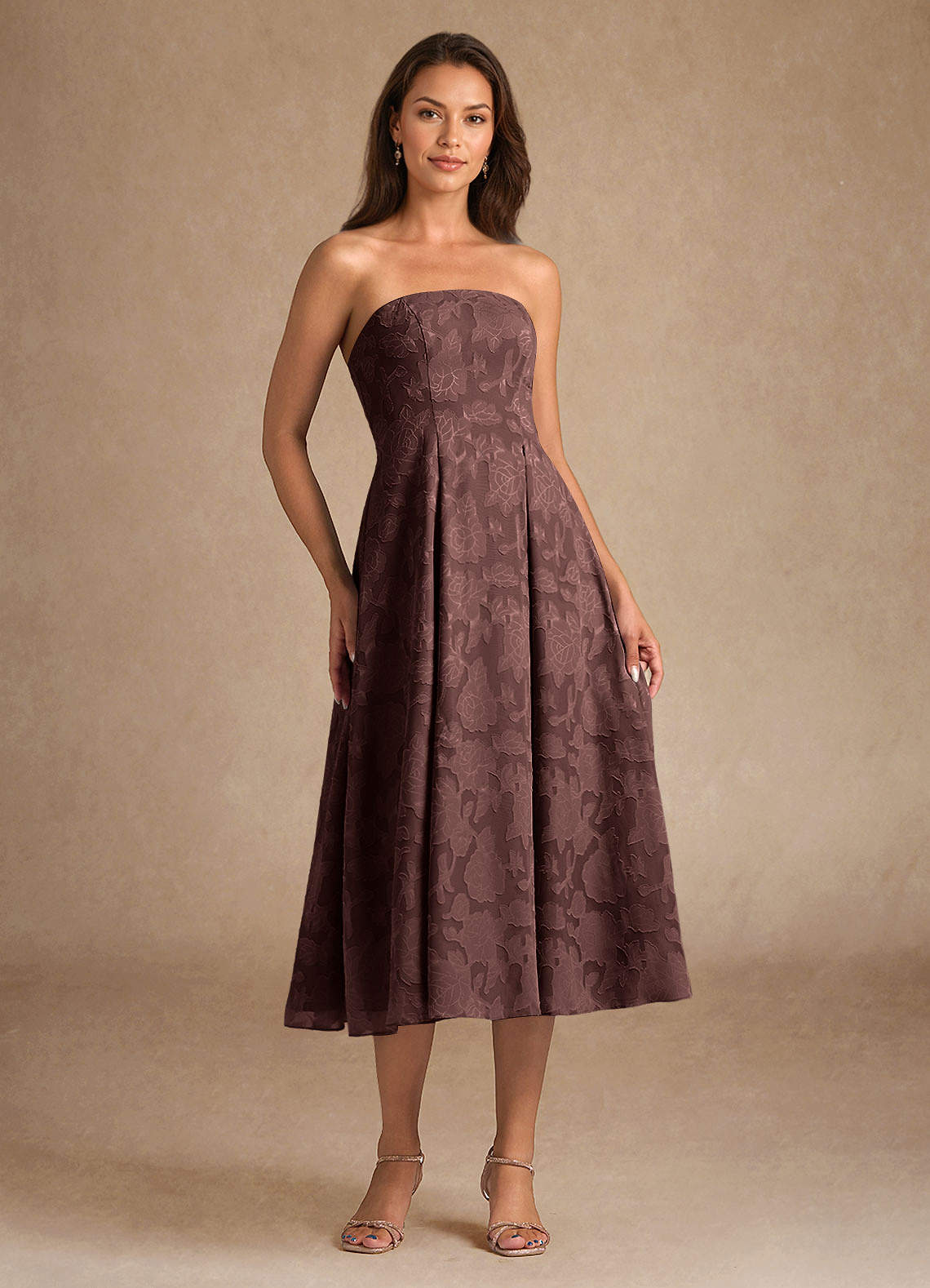 Azazie Lorain Espresso A-Line Pleated Floral Burnout Dress Ready