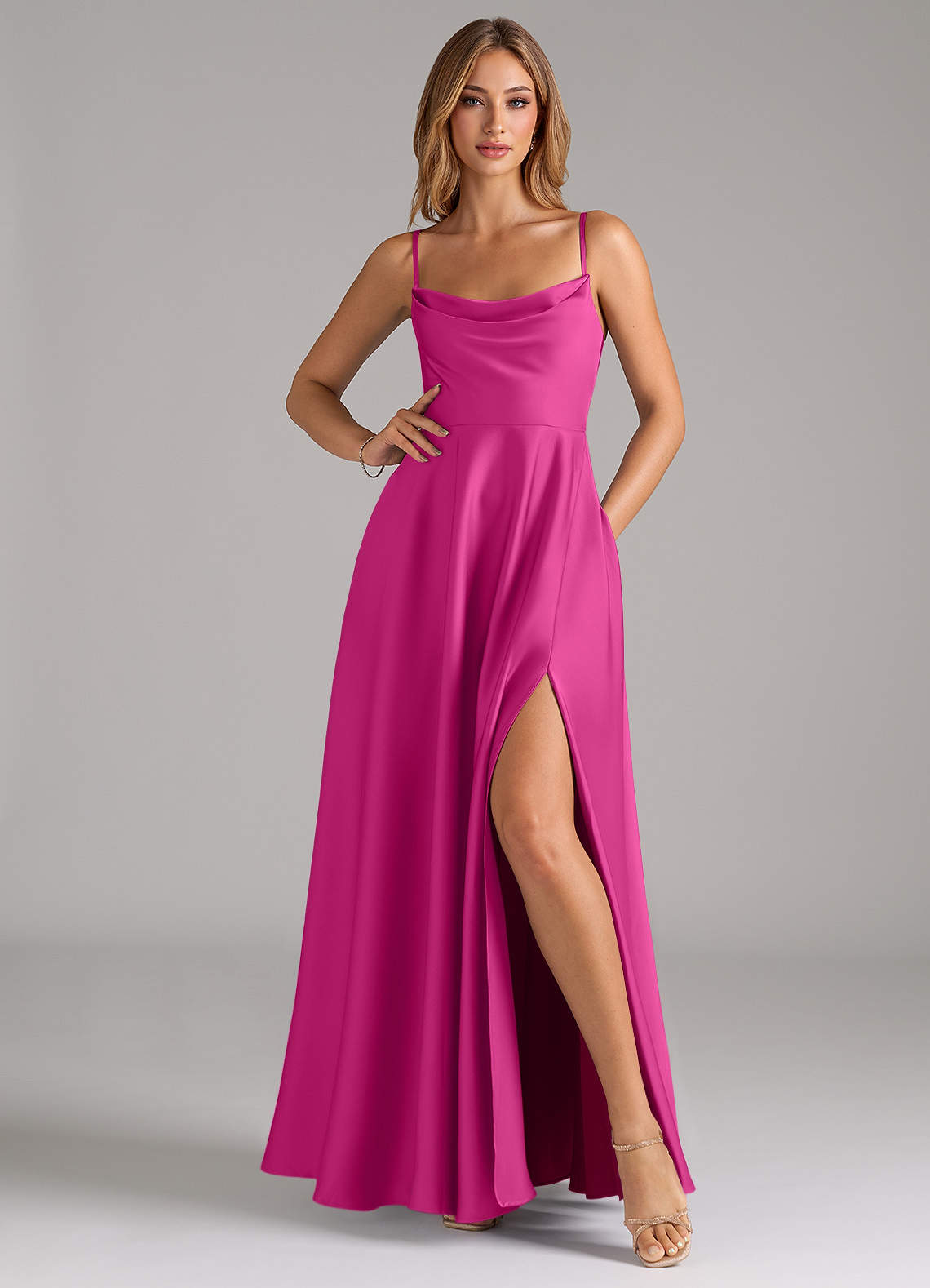 Azazie Elle Robes de demoiselle d'honneur Robe Trapèze en Satin extensible Plissée Fuchsia image2