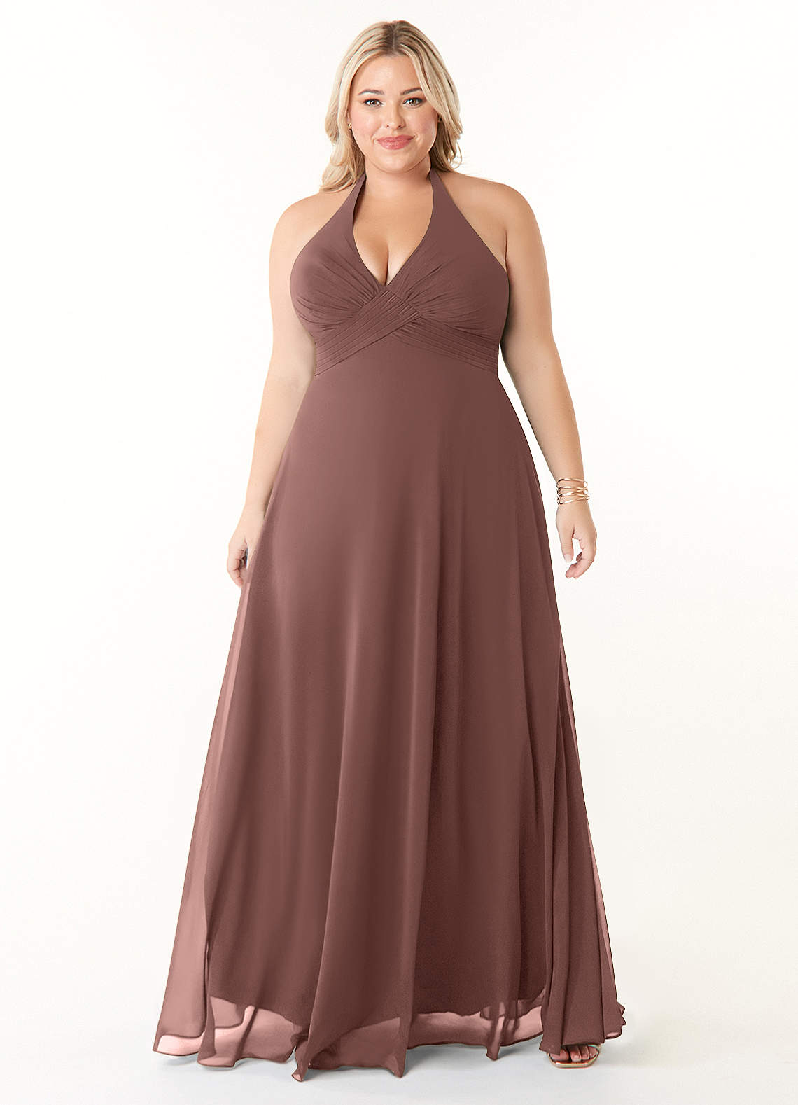 Azazie Tessie Jurken voor bruidsmeisjes Jurk van Chiffon met A-Lijn V-hals geplooid Espresso image1
