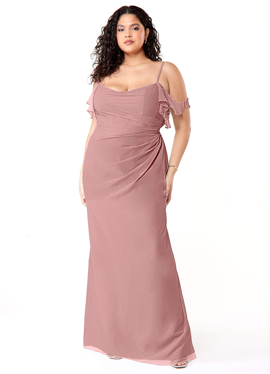 Azazie Emeralda Bridesmaid Dresses Dusty Rose Sheath Off the Shoulder Chiffon Dress image1