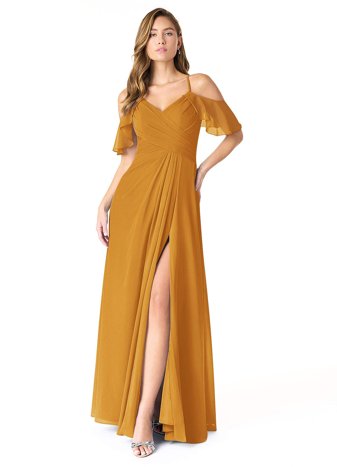 Azazie Dakota Bridesmaid Dresses Butterscotch A-Line V-Neck Pleated Chiffon Dress image1