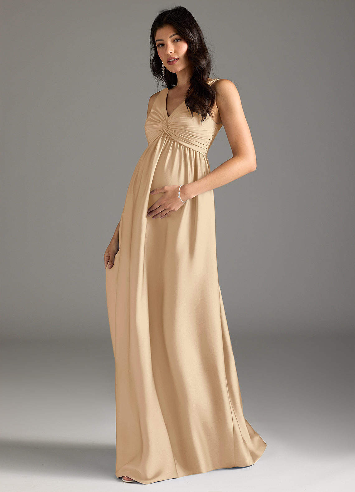 Azazie Yetta Maternity Bridesmaid Dresses A-Line Pleated Stretch Satin Floor-Length Dress image1