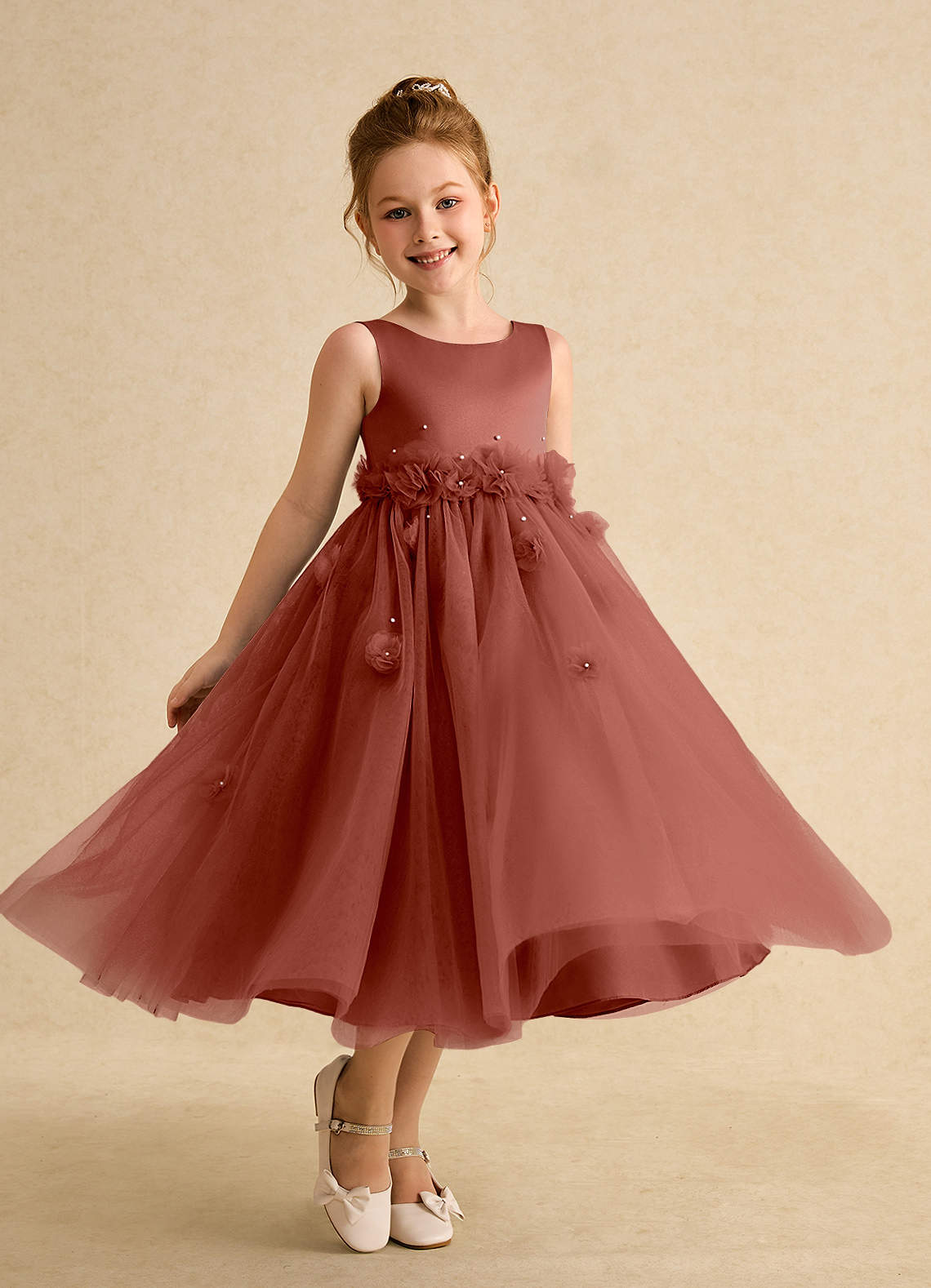 Azazie Lux Flower Girl Dresses Auburn A-Line Beaded Tulle Dress image1