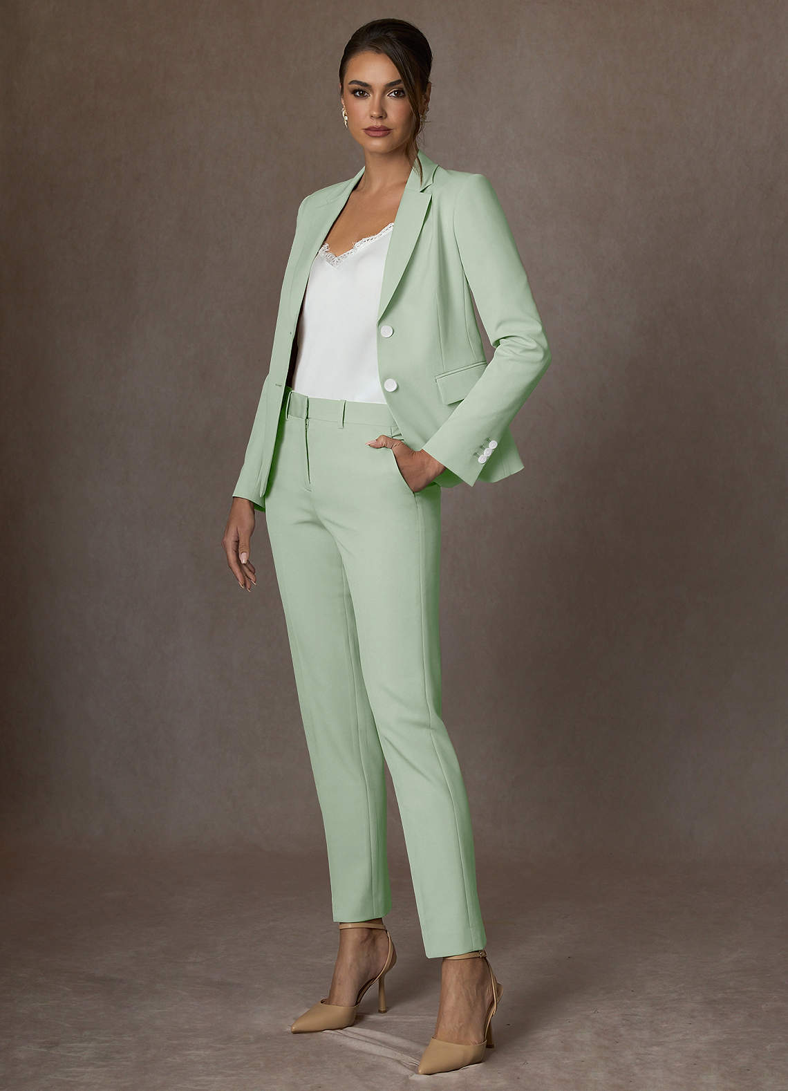front Whitney Dusty Sage Structured Stretch Full Length Dress Pants