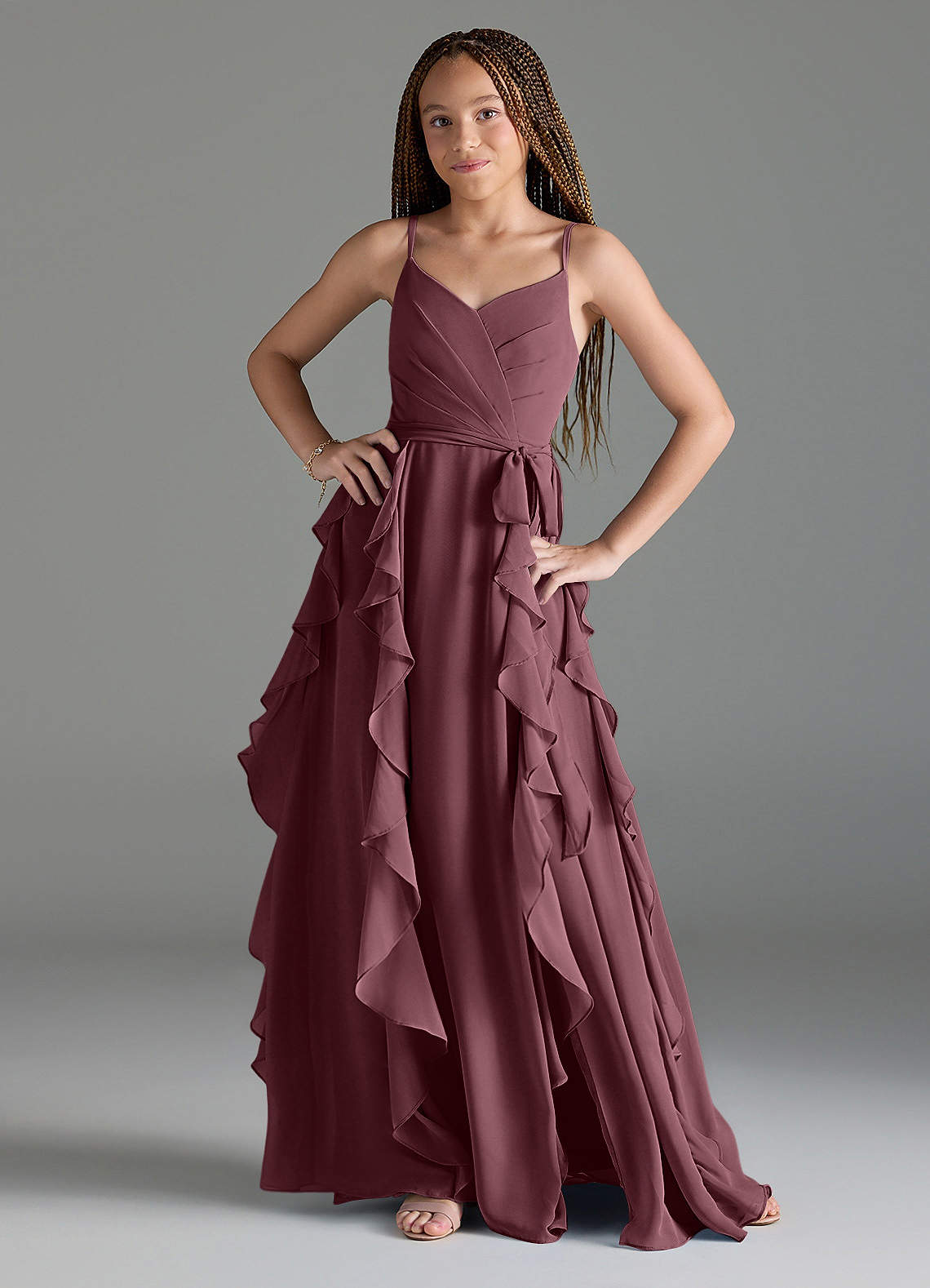 Azazie Peyton Junior Sangria A-Line V-Neck Cascading Ruffles Chiffon Dress image1