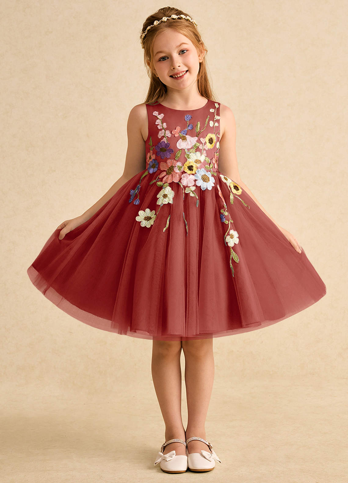 Azazie Prima Flower Girl Dresses Terracotta A-Line Bow Tulle Dress image1