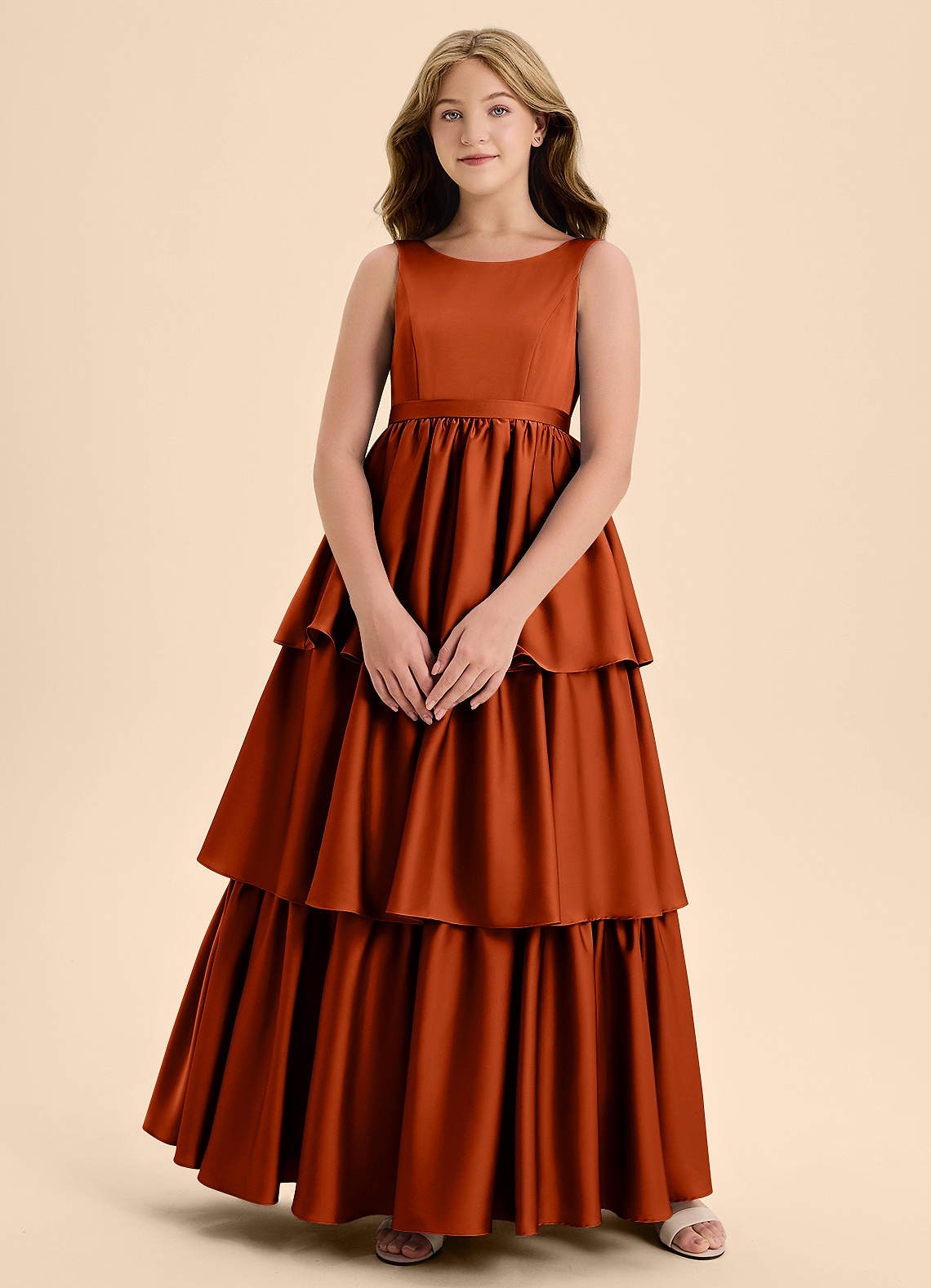 Azazie Meadowyn Junior Paprika A-Line Bow Stretch Satin Dress image1