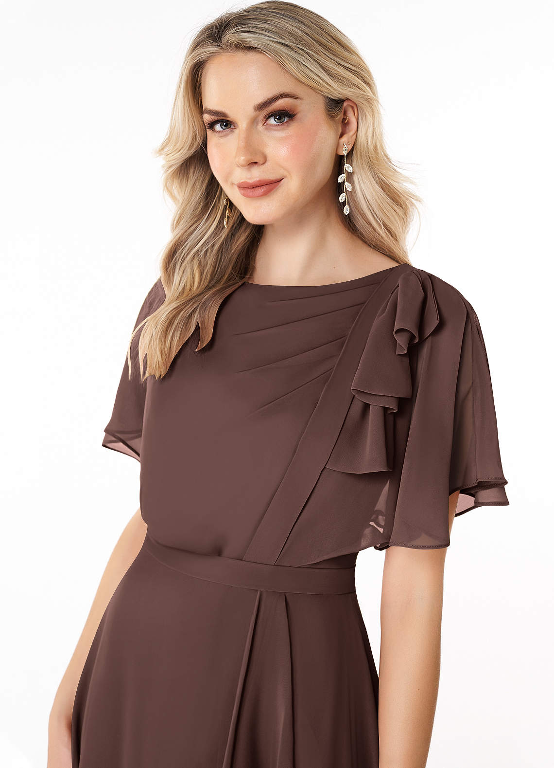 Azazie Aaliyah Bescheiden Bruidsmeisjekleding A-Lijn Bocht Gevouwen Chiffon Vloerlengte Jurk image4