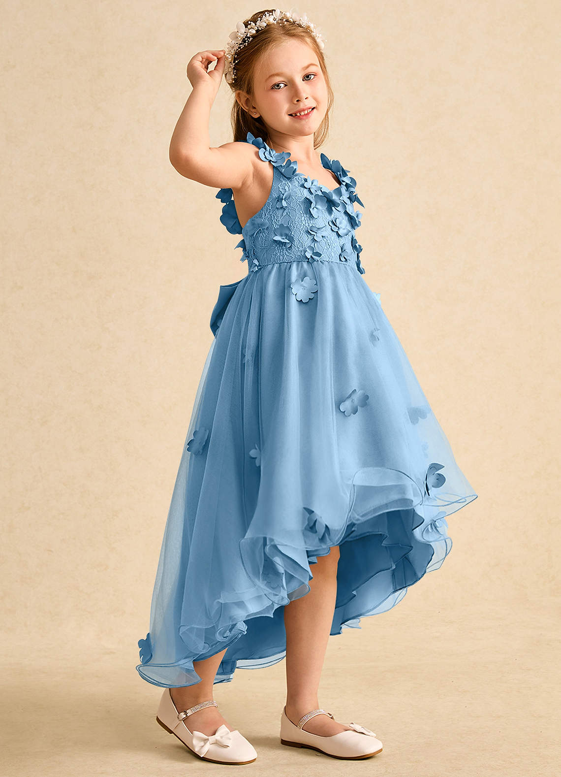 Azazie Tweety Flower Girl Dresses Steel Blue A-Line Lace Tulle Dress image1