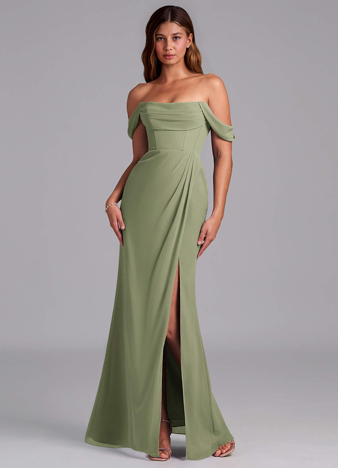 Azazie Johana Brautjungfernkleider Wandelbar Meerjungfrau-Linie Schulterfrei Chiffon Kleid Pistazie image6