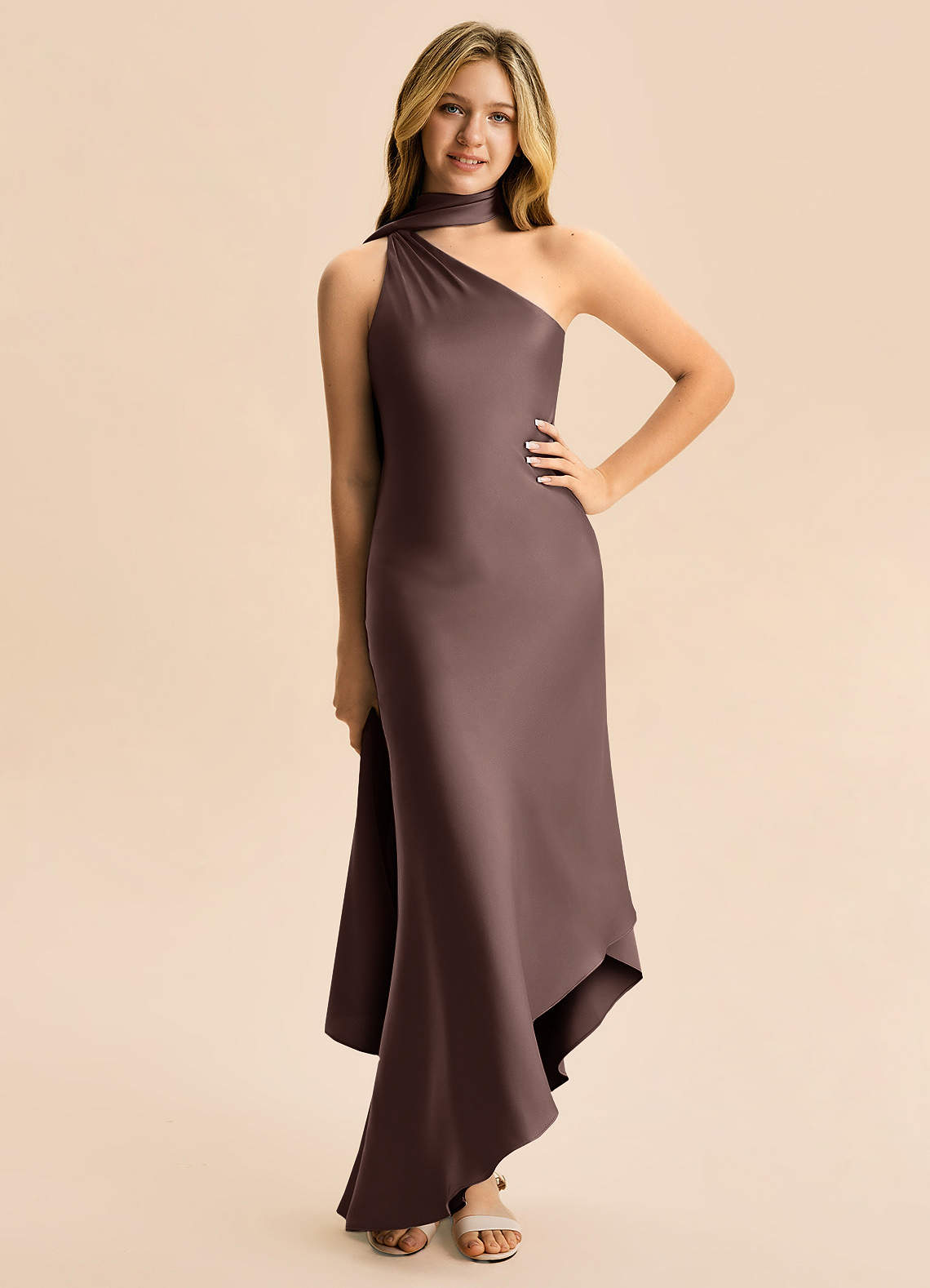 Azazie Briony Junior Ganache Sheath Pleated Stretch Satin Dress image2