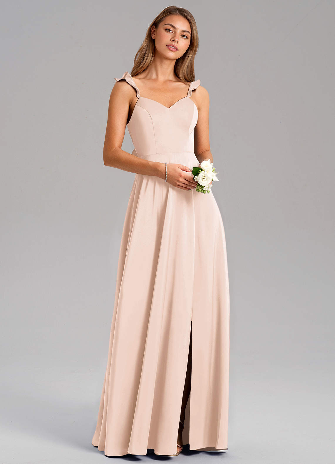 Azazie Everett Bridesmaid Dresses Blushing Pink A-Line Stretch Satin Dress image1
