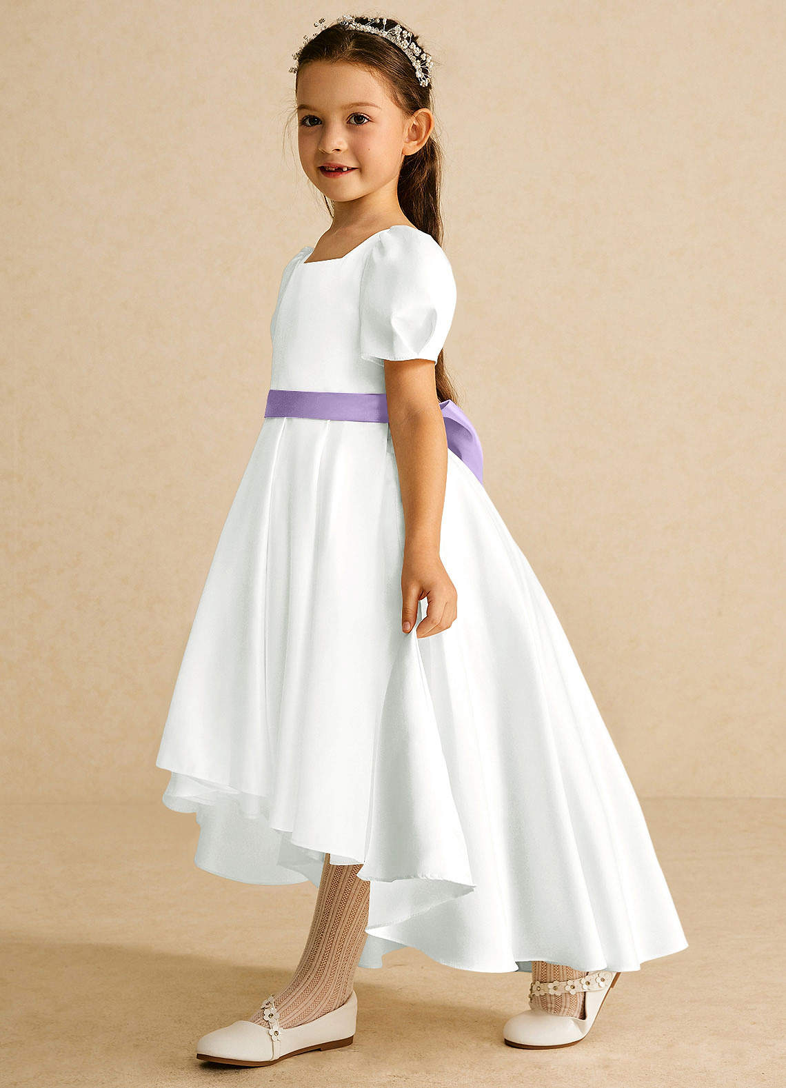 Azazie Zippy Flower Girl Klänningar Klänning A-Linje i Matt satäng med ärmar image1