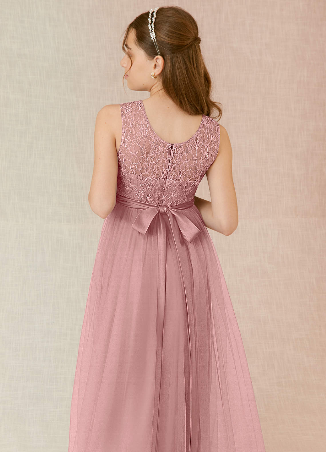 Azazie Georgette Junior A-Linie Spitze Tüll Kleid Altrosa image6