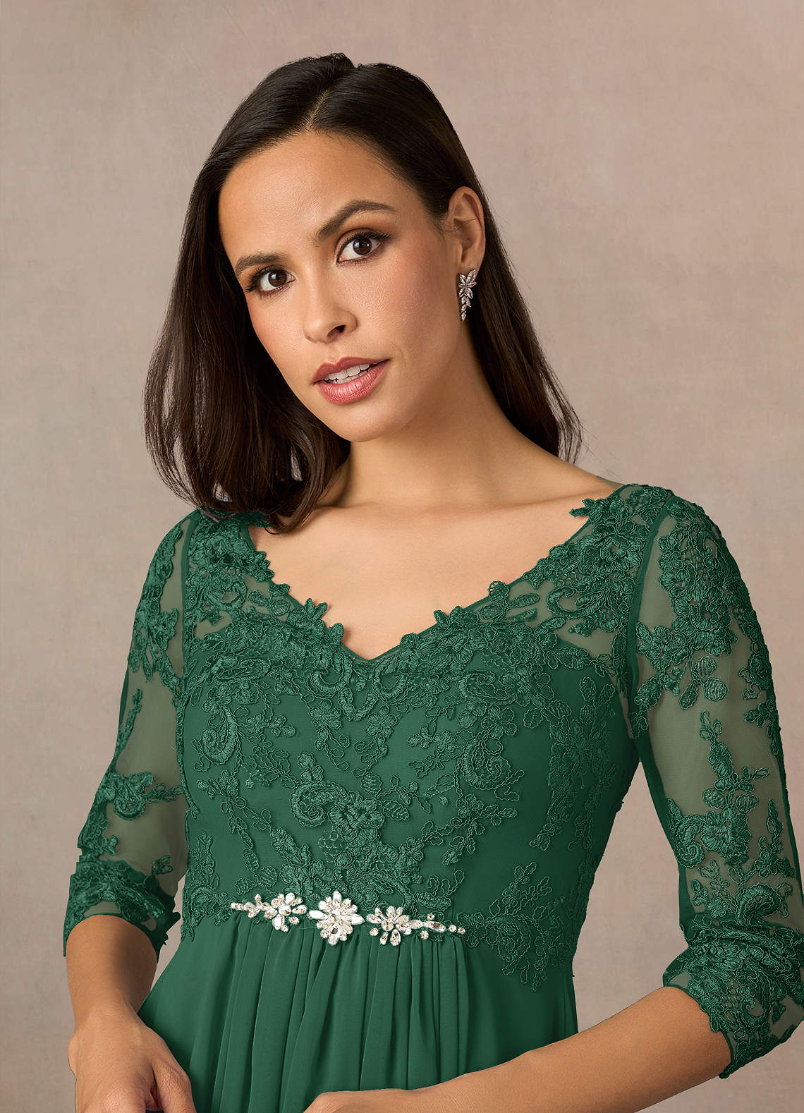 Azazie Hayek Mother of the Bride Dresses Dark Green A-Line V-Neck Lace Chiffon Dress image2