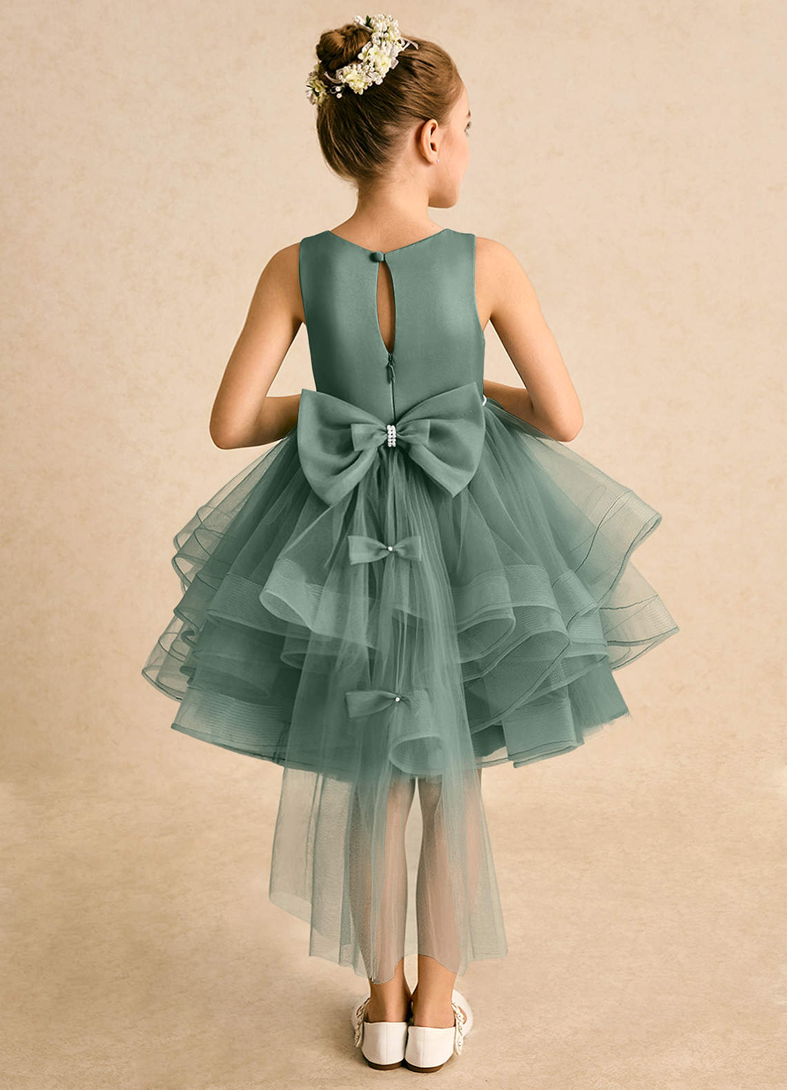 Azazie Tinie Blumenmädchenkleider Ballkleid Schleifen Tüll Kleid Eukalyptus image1