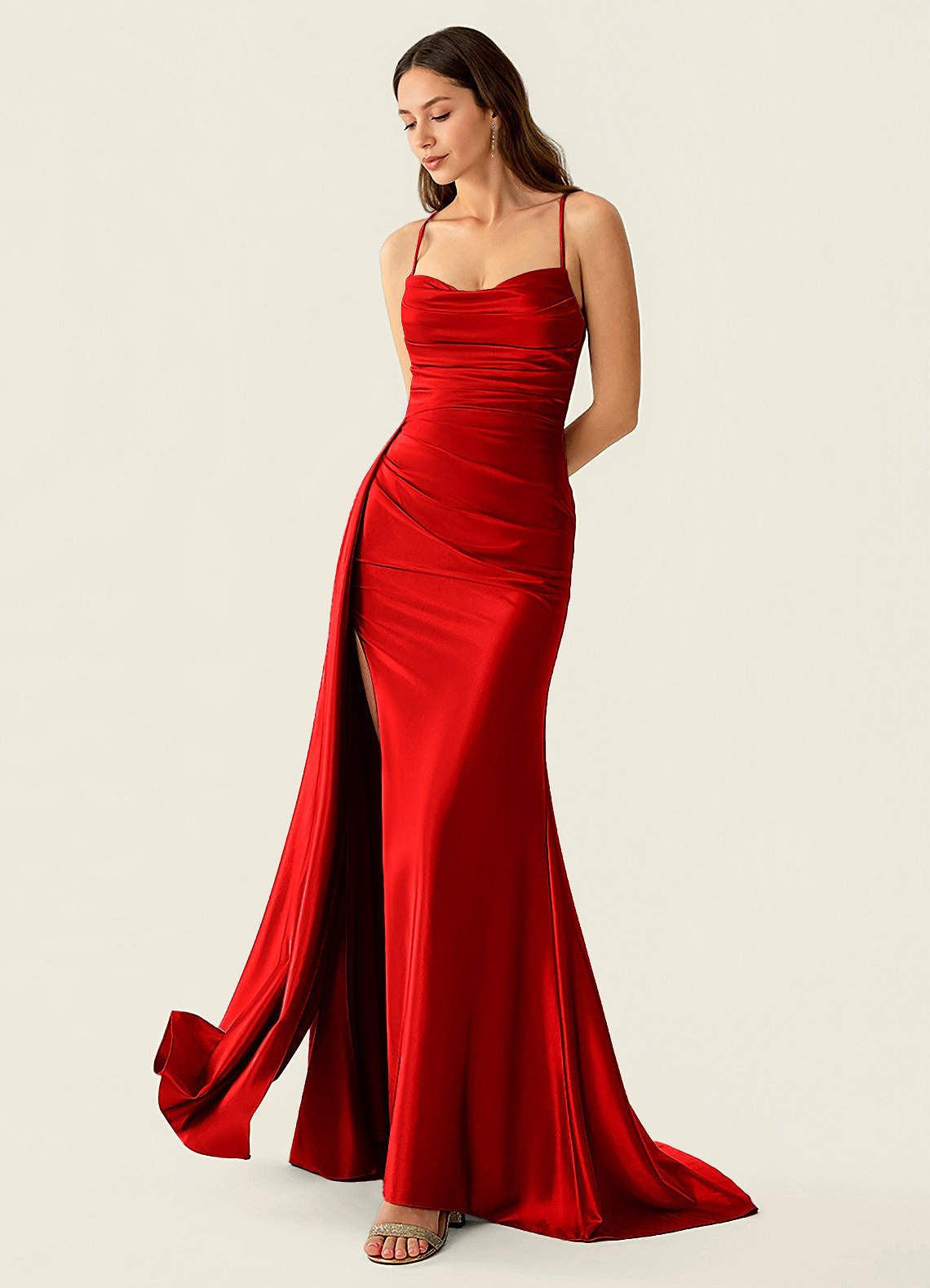 Drape Red Satin Prom Dress Ready to Ship