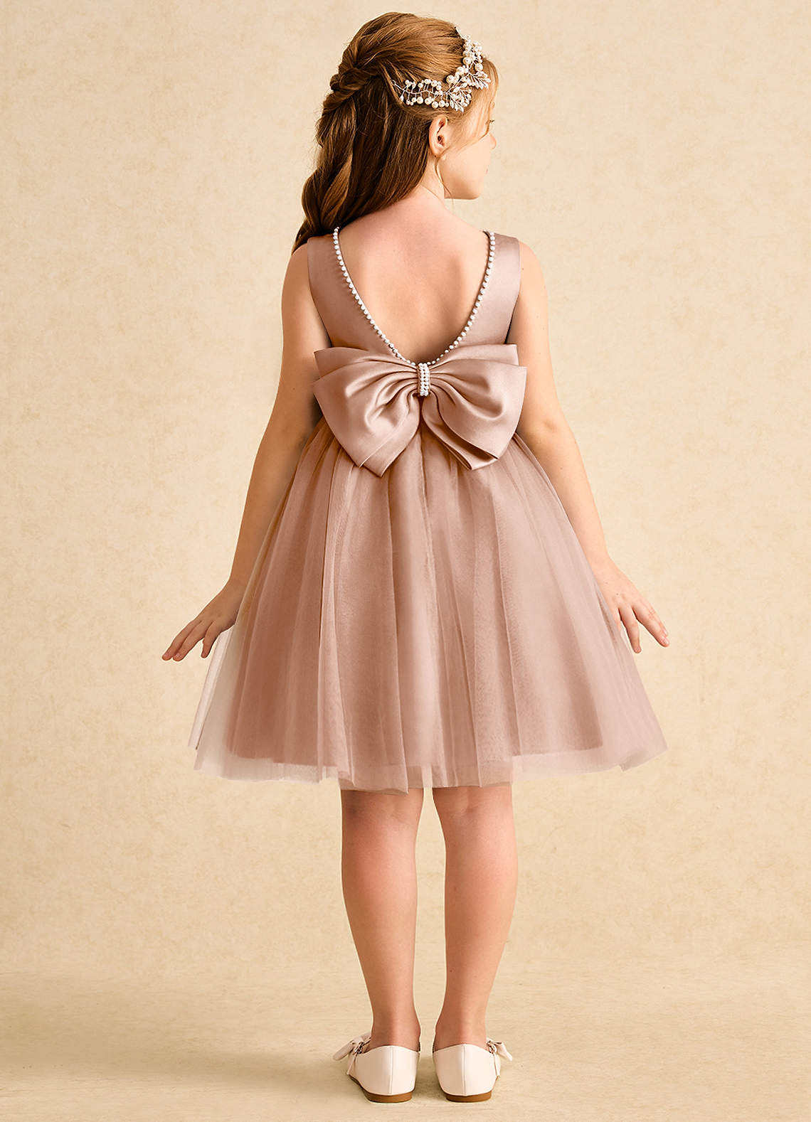 Azazie Jani Flower Girl Dresses Champagne Rose A-Line Bow Tulle Dress image1